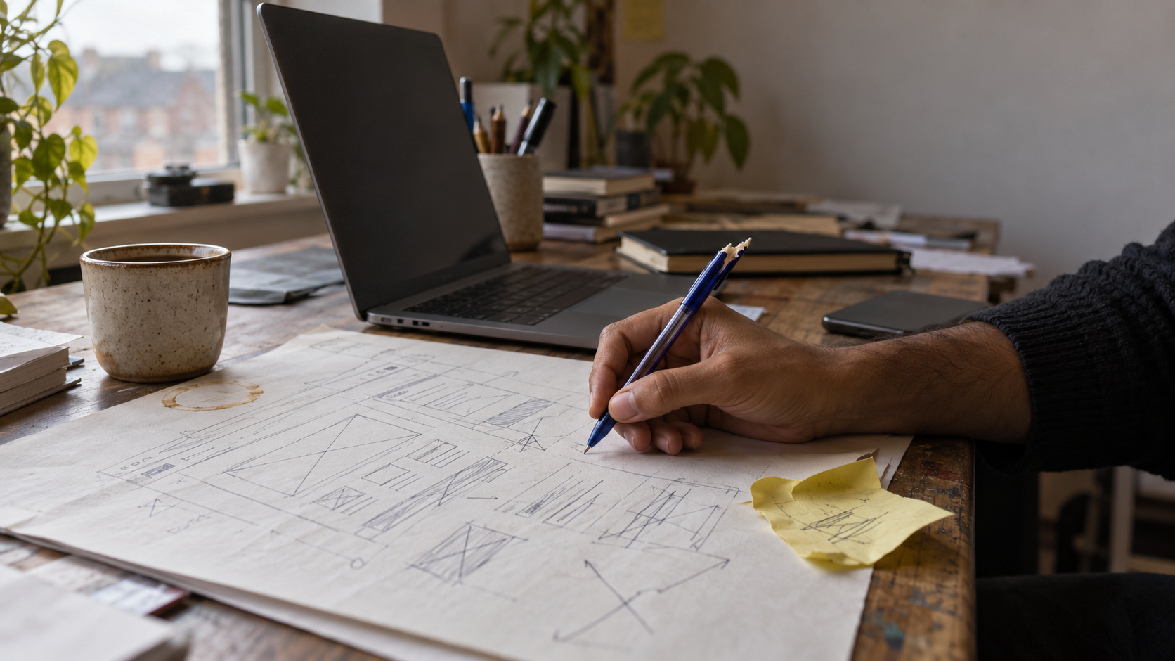 A person's hand sketching a website page layout on paper next to a laptop with the screen off